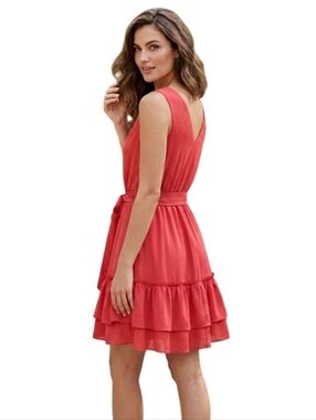 CALVIN KLEIN $150 Red Sleeveless V-Neck Ruffle Midi Dress Elastic Waist NWT